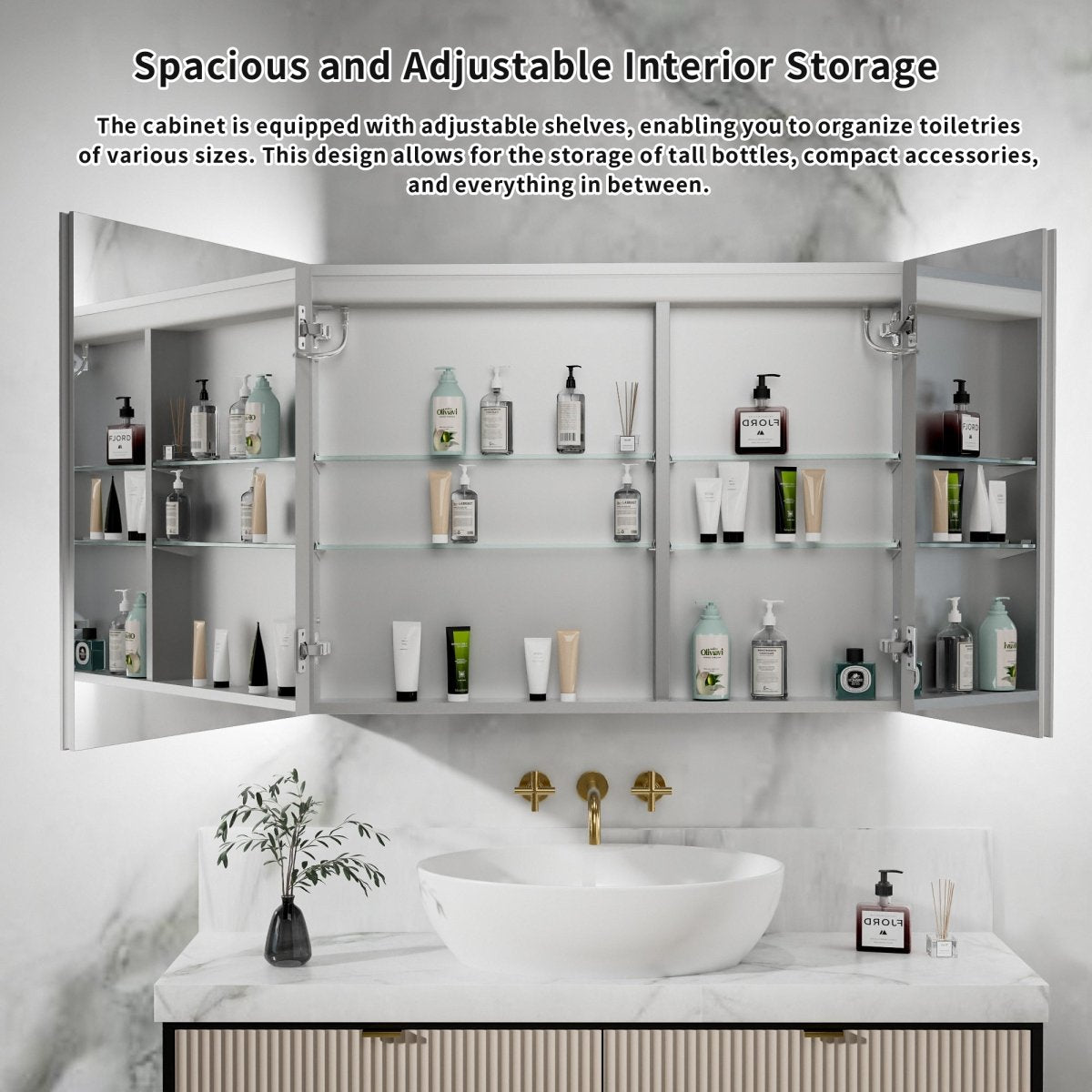 Rim-s 40 x 30 inch medicine cabinet with open mirrored doors and interior storage