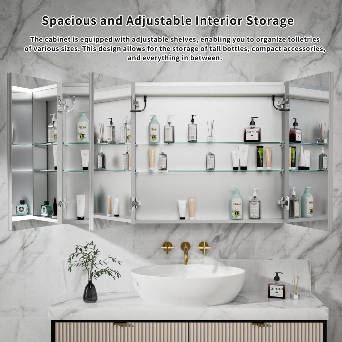 Rim-s 48 x 30 inch medicine cabinet with open mirrored doors and interior storage