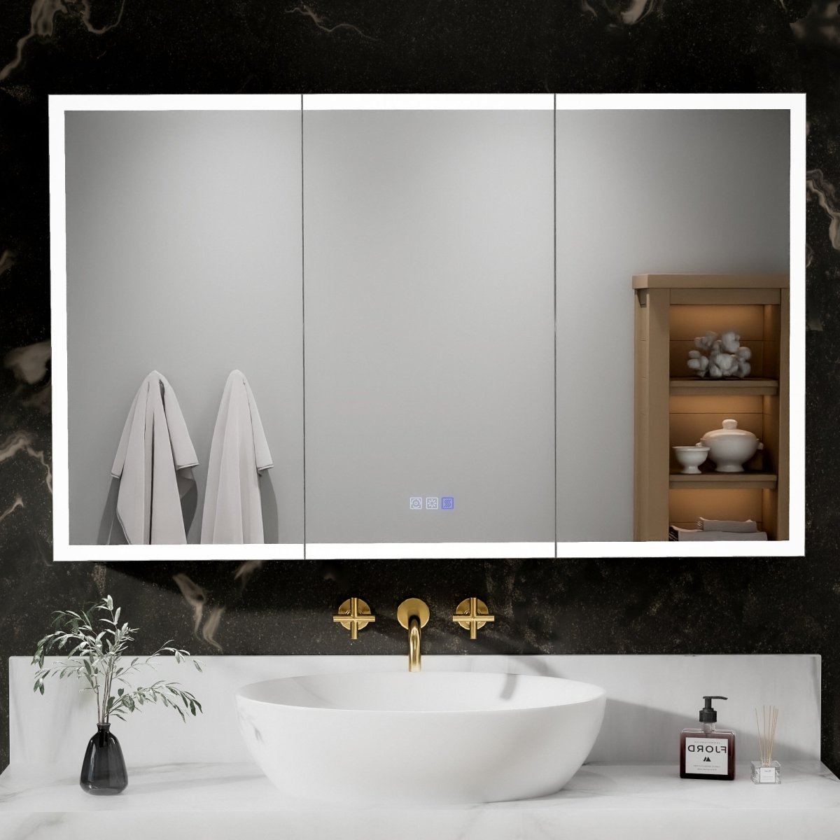 Rim-s LED medicine cabinet mirror with one-touch anti-fog control