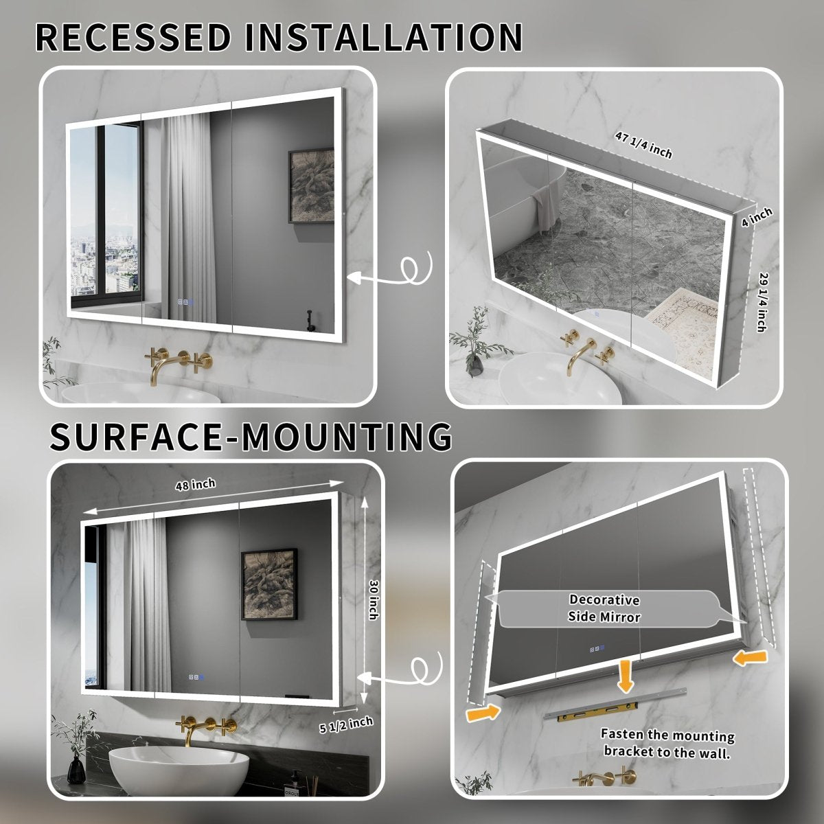 Rim-s LED medicine cabinet illuminated touch controls for lighting and defogging