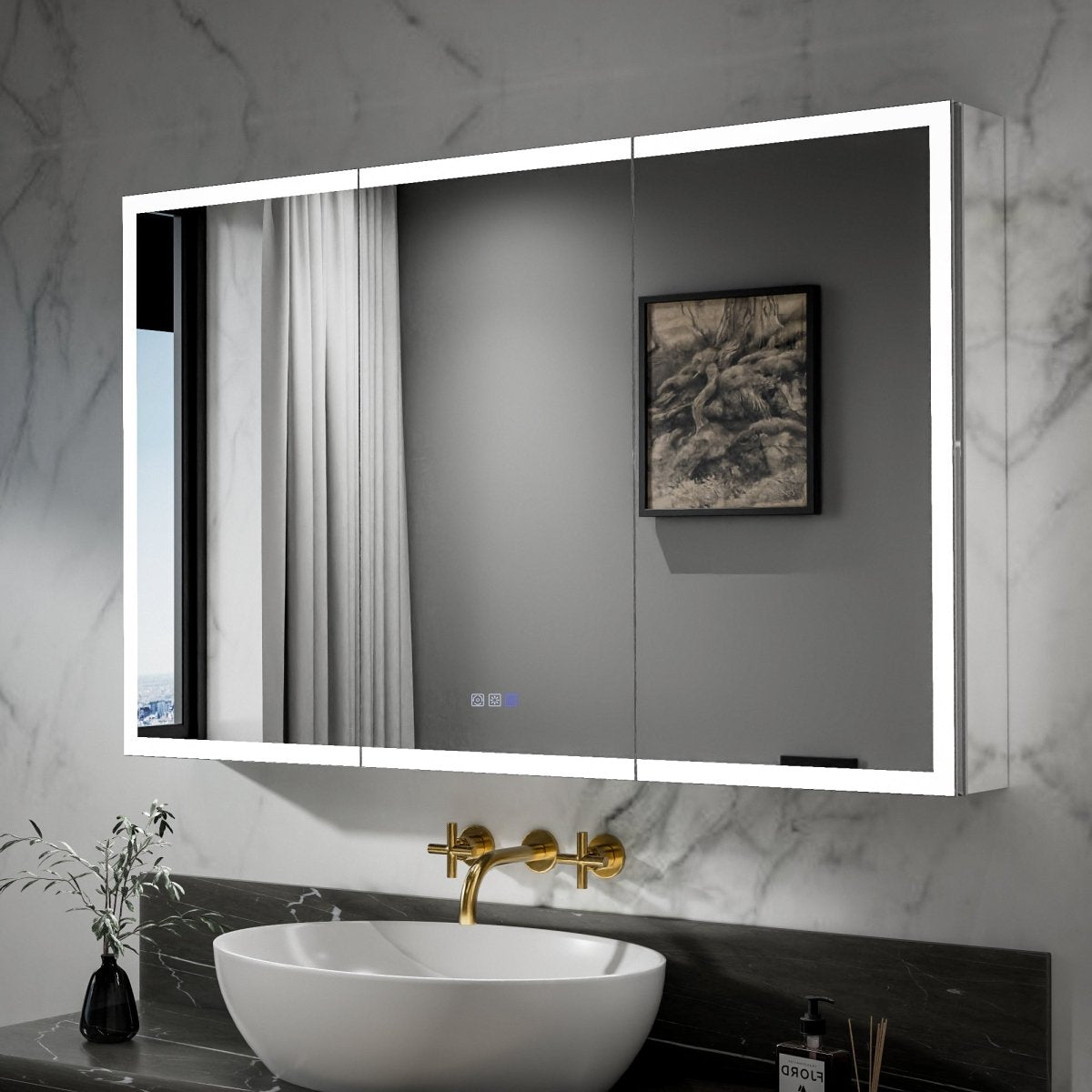 Rim-s 48 x 30 inch LED medicine cabinet installed above a bathroom vanity