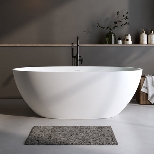 SCSB Exbrite 59'' Solid Surface Matte Tub, Solid Surface Soaking Tub, Stone Resin Freestanding Bathtub,Pop-up Drain, Matte White,Oval