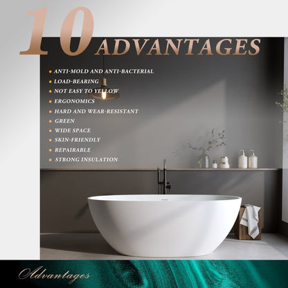 Exbrite 59'' Solid Surface Matte Tub, Solid Surface Soaking Tub, Stone Resin Freestanding Bathtub,Pop - up Drain, Matte White,Oval