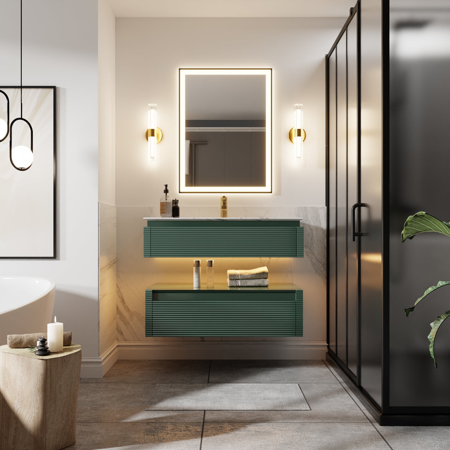 Segeo 36" Modern Solid Oak Floating Bathroom Vanity Cabinet Green with Lights and Artificial Atone Countertop