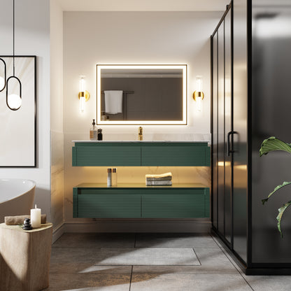 Segeo 48" Modern Solid Oak Floating Bathroom Vanity Cabinet Green with Lights and Artificial Atone Countertop