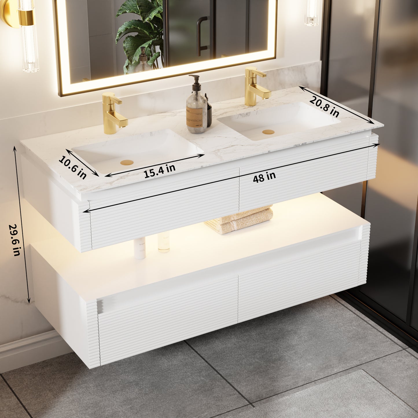 Segeo 48" Modern Solid Oak Floating Bathroom Vanity Cabinet White with Lights and Marble Countertop, Dual Basins