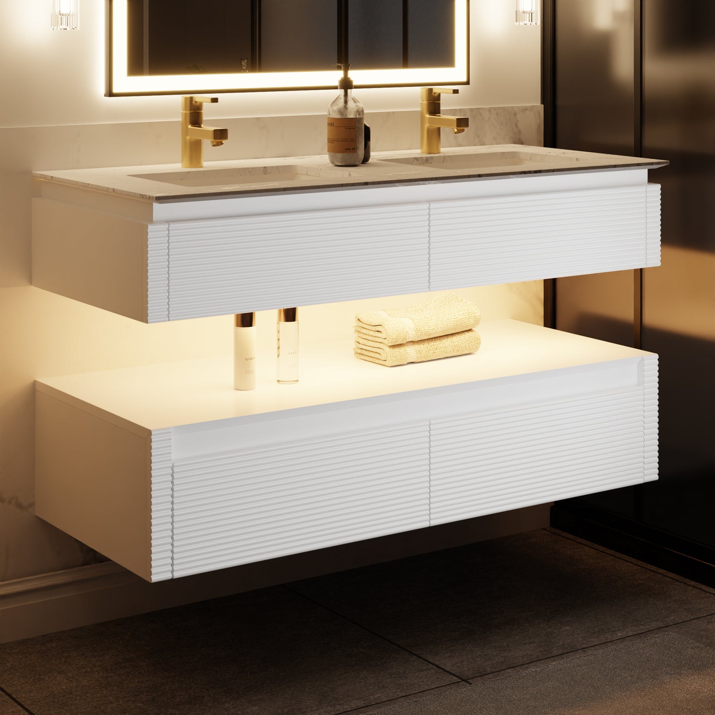 Segeo 48" Modern Solid Oak Floating Bathroom Vanity Cabinet White with Lights and Marble Countertop, Dual Basins