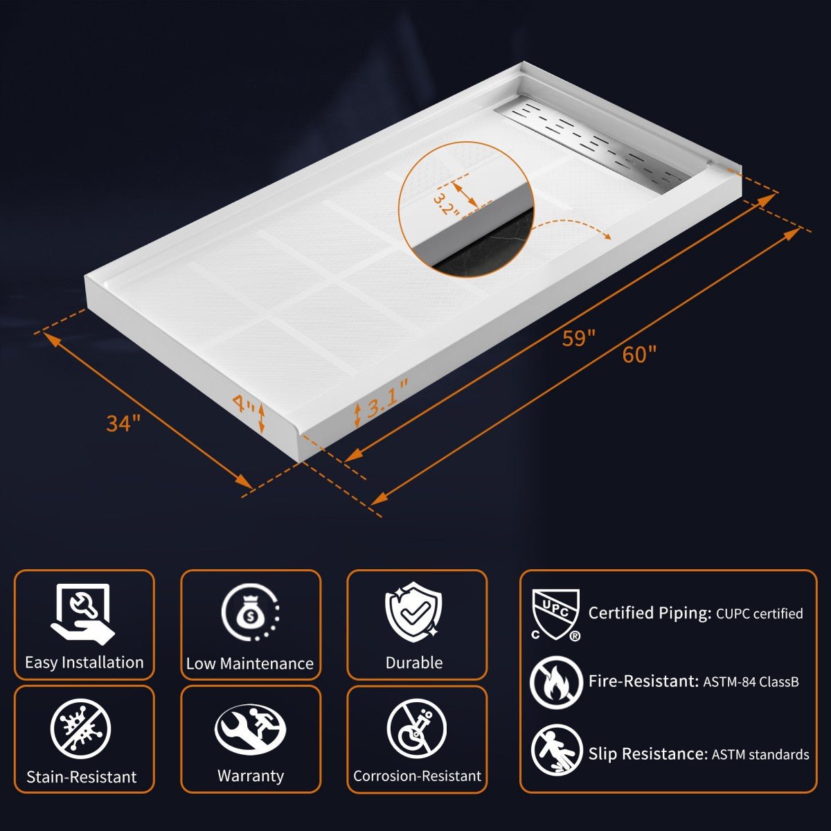 Shower Base 60x34 Solid Surface Shower Pan | Pequod Series,Non-Porous, Stain-Resistant, Long-Lasting