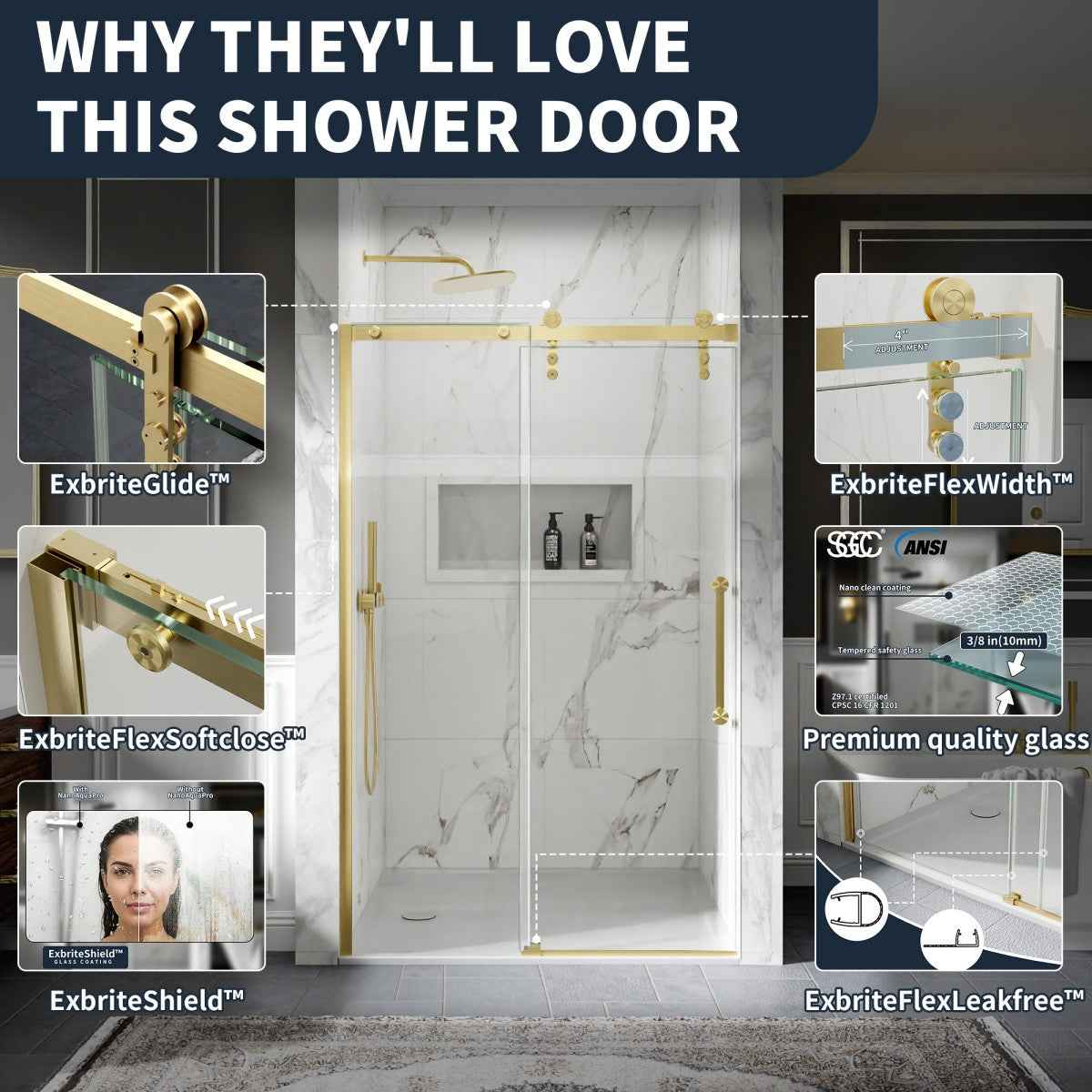 44-48" x 76" Frameless Sliding Shower door,Brushed Gold,Easy clean|ExBrite Elysian-M Series