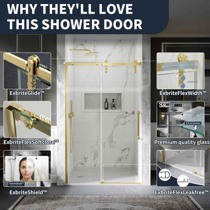 44-48" x 76" Frameless Sliding Shower door,Brushed Gold,Easy clean|ExBrite Elysian-M Series