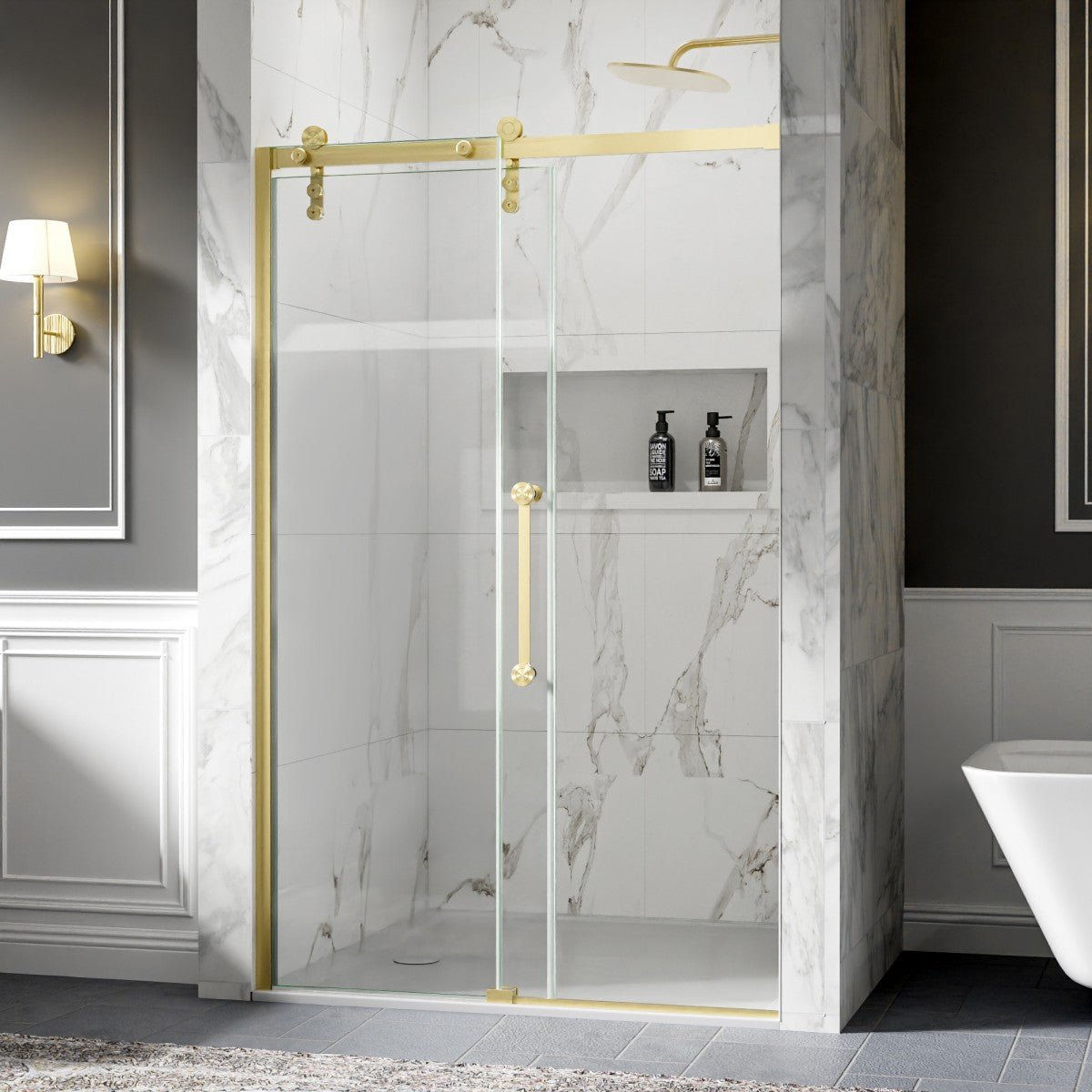 Shower Doors Sliding, 44-48"x76" Frameless Door Brushed Gold | ExBrite Elysian-R Series