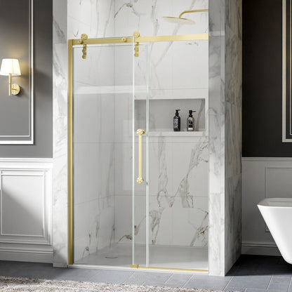 Shower Doors Sliding, 44-48"x76" Frameless Door Brushed Gold | ExBrite Elysian-R Series