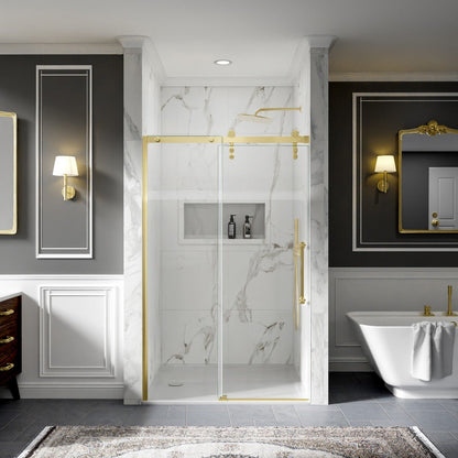 Shower Doors Sliding, 44-48"x76" Frameless Door Brushed Gold | ExBrite Elysian-R Series