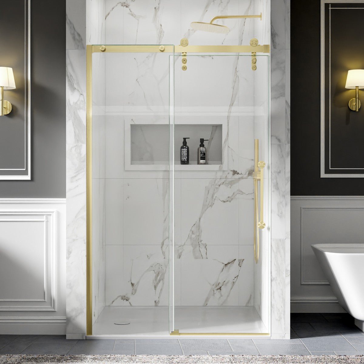 Shower Doors Sliding, 44-48"x76" Frameless Door Brushed Gold | ExBrite Elysian-R Series