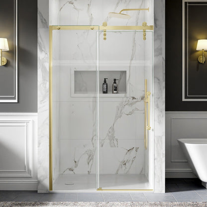 Shower Doors Sliding, 44-48"x76" Frameless Door Brushed Gold | ExBrite Elysian-R Series