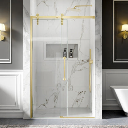 Shower Doors Sliding, 44-48"x76" Frameless Door Brushed Gold | ExBrite Elysian-R Series