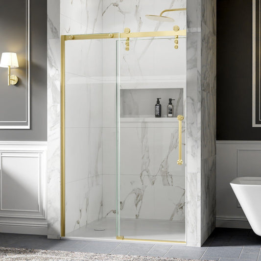 Shower Doors Sliding, 44-48"x76" Frameless Door Brushed Gold | ExBrite Elysian-R Series