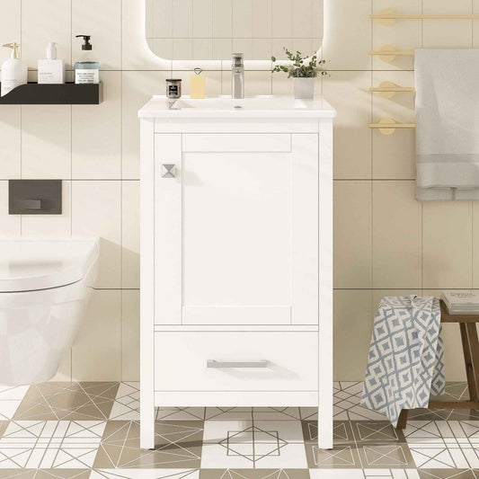 Exbrite 20-Inch White Bathroom Vanity with Ceramic Sink and Organizer Storage