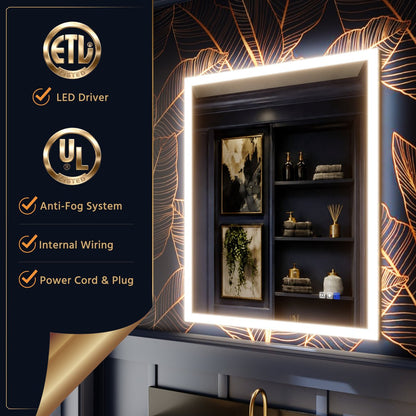 Solen 30" x 36" Frameless Rectangular Lighted Vanity Mirror with Anti-Fog and Bright LED Lighting Bathroom mirror