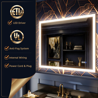 Solen 40" x 32" Frameless Rectangular Lighted Vanity Mirror with Anti-Fog and Bright LED Lighting Bathroom mirror