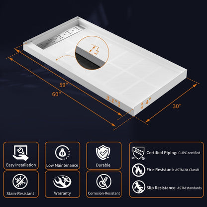 Solid Surface Shower Pan 30 x 60 – Slip Resistant Shower Base | Pequod Series