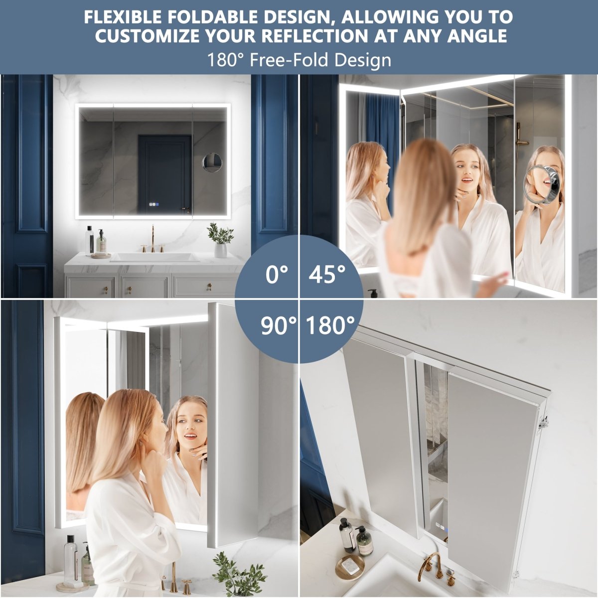 TriFold 66" W x 36" H LED Lighted Tri - Fold Bathroom Mirror, Front & Back Lighting, with Movable 10X Magnifying Mirror