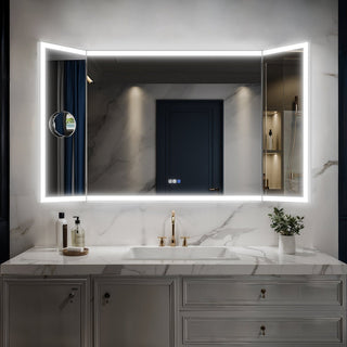 Tri Fold Bathroom Mirror 66" W x 36" H with LED Lighted Front & Back Lighting and Movable Magnifying Mirror