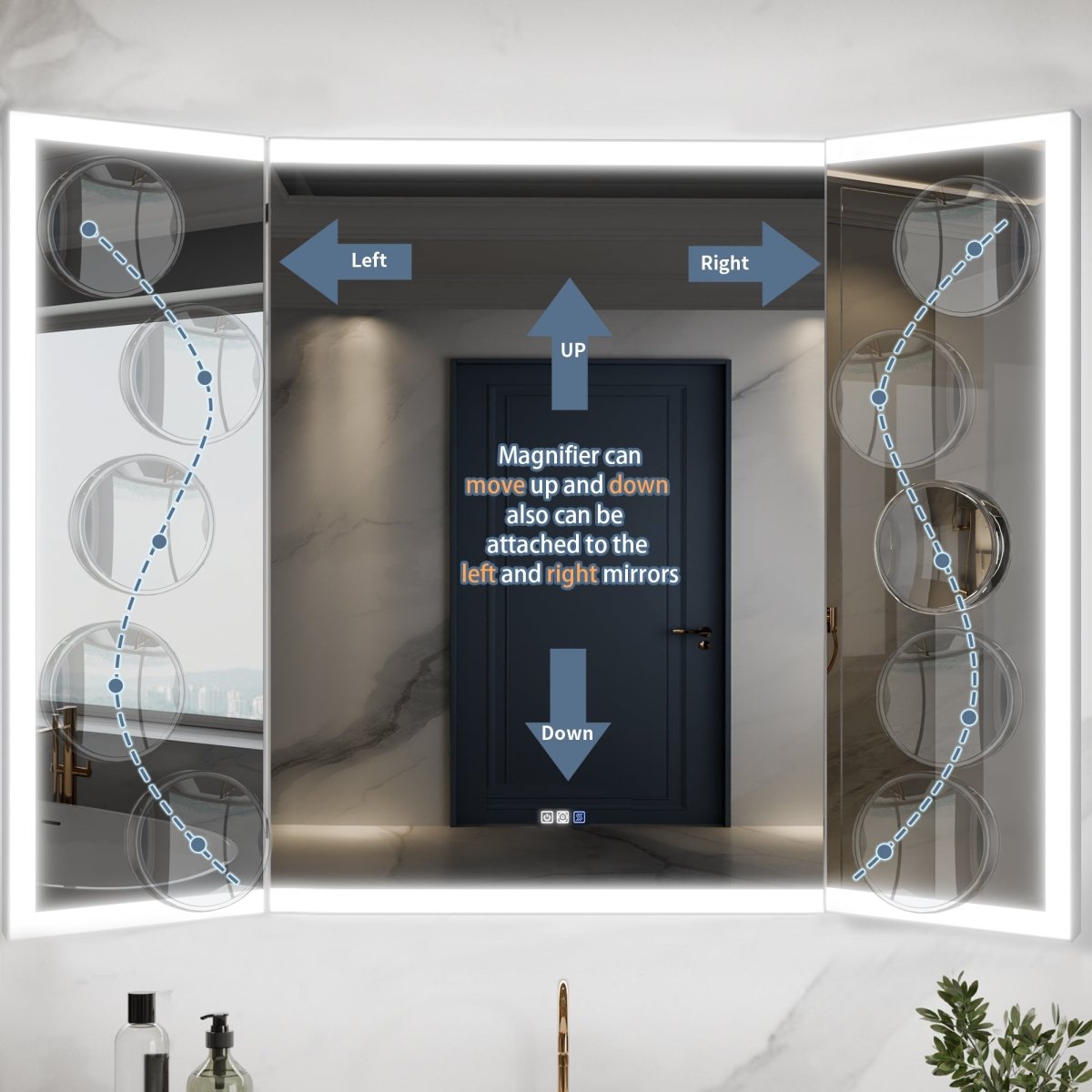 TriFold 60" W x 36" H LED Lighted Three Ways Bathroom Mirror, Front & Back Lighting, with Movable Magnifying Mirror - ExBriteUSA