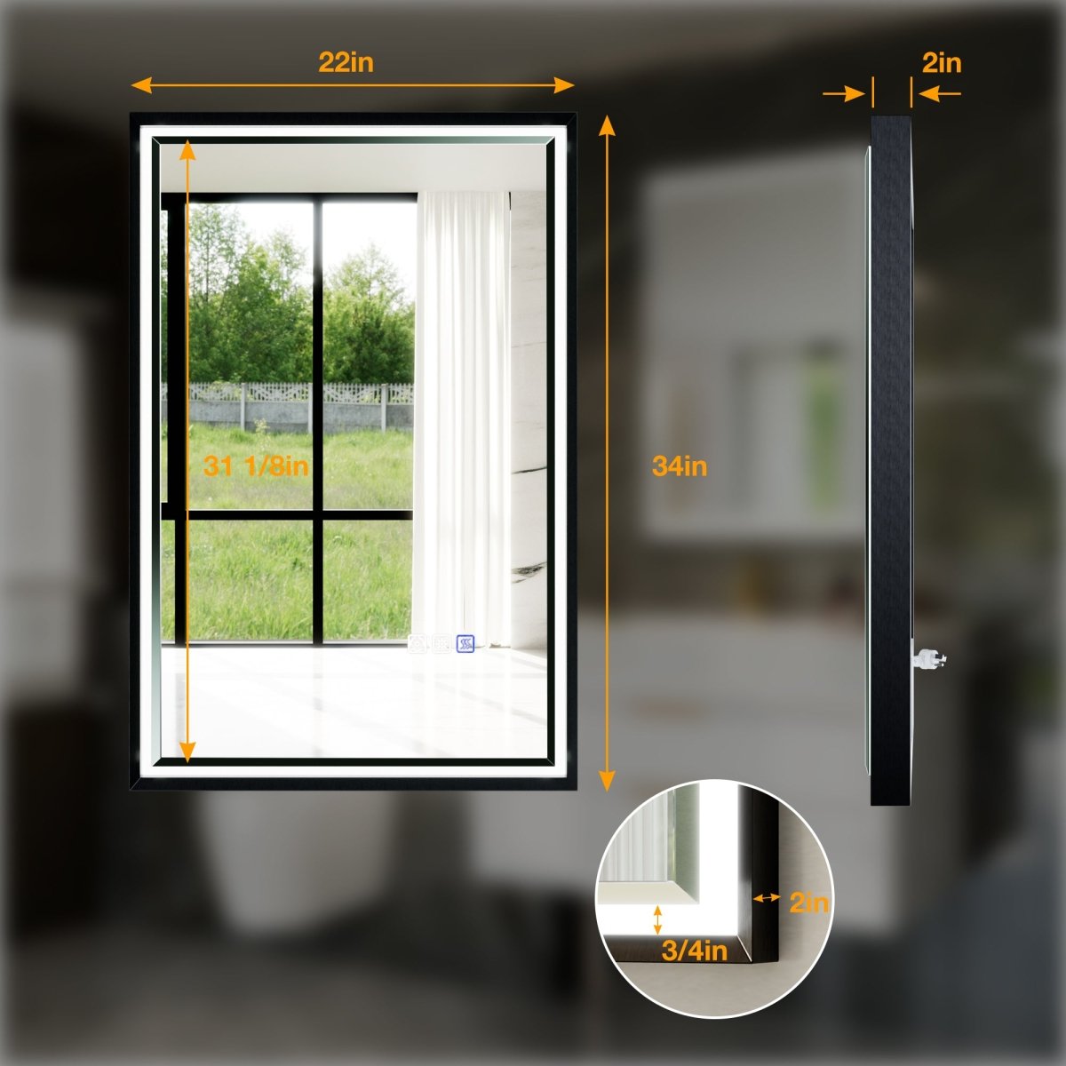 Verloar 22" W x 34" H Dimmable Lighted Bath Mirror with Light, Anti Fog and Matte Black Frame