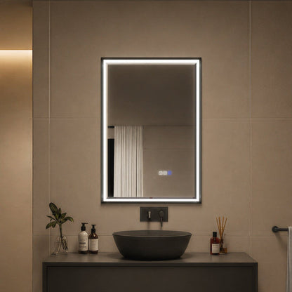 Verloar 22" W x 34" H Dimmable Lighted Bath Mirror with Light, Anti Fog and Matte Black Frame