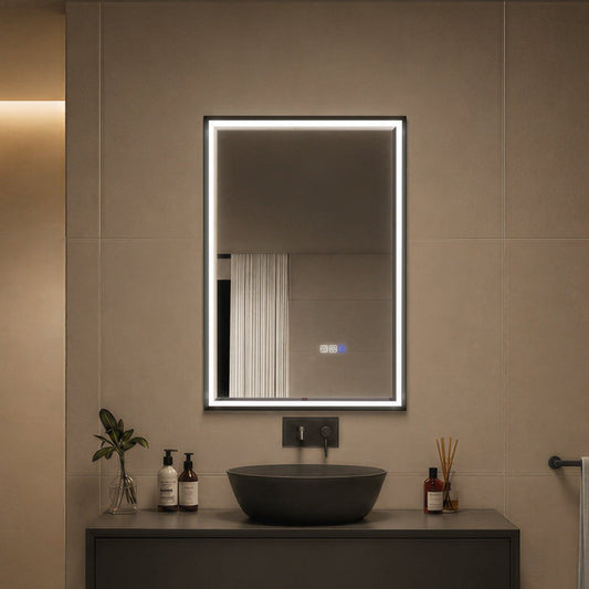 Verloar 22" W x 34" H Dimmable Lighted Bath Mirror with Light, Anti Fog and Matte Black Frame