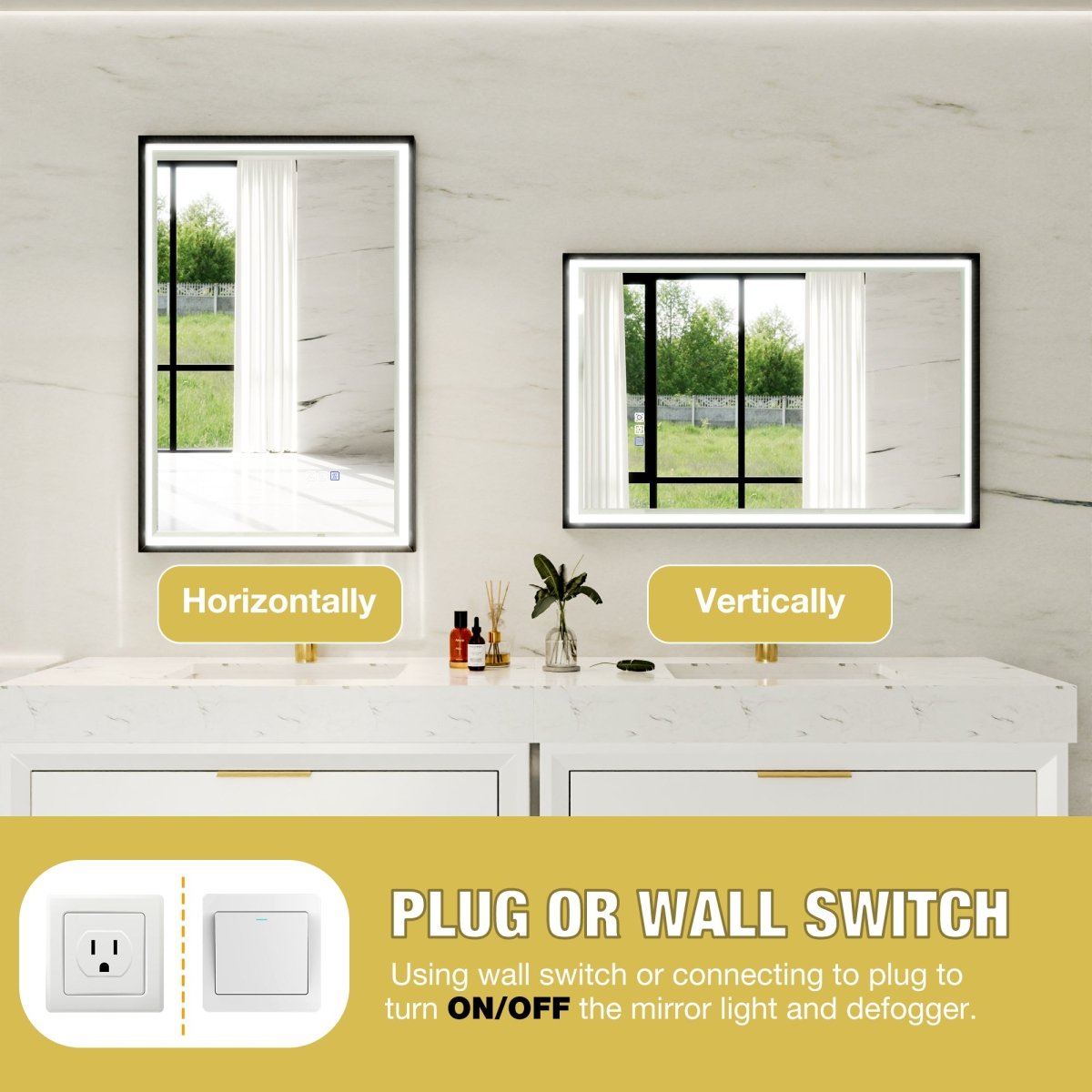Verloar 22" W x 34" H Dimmable Lighted Bath Mirror with Light, Anti Fog and Matte Black Frame