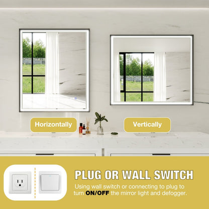 Verloar 30 Inch LED Mirror 30" W x 36" H Framed Lighted Bathroom Mirror, Dimmable, Anti Fog, Front-Lit Illumination, Matte Black