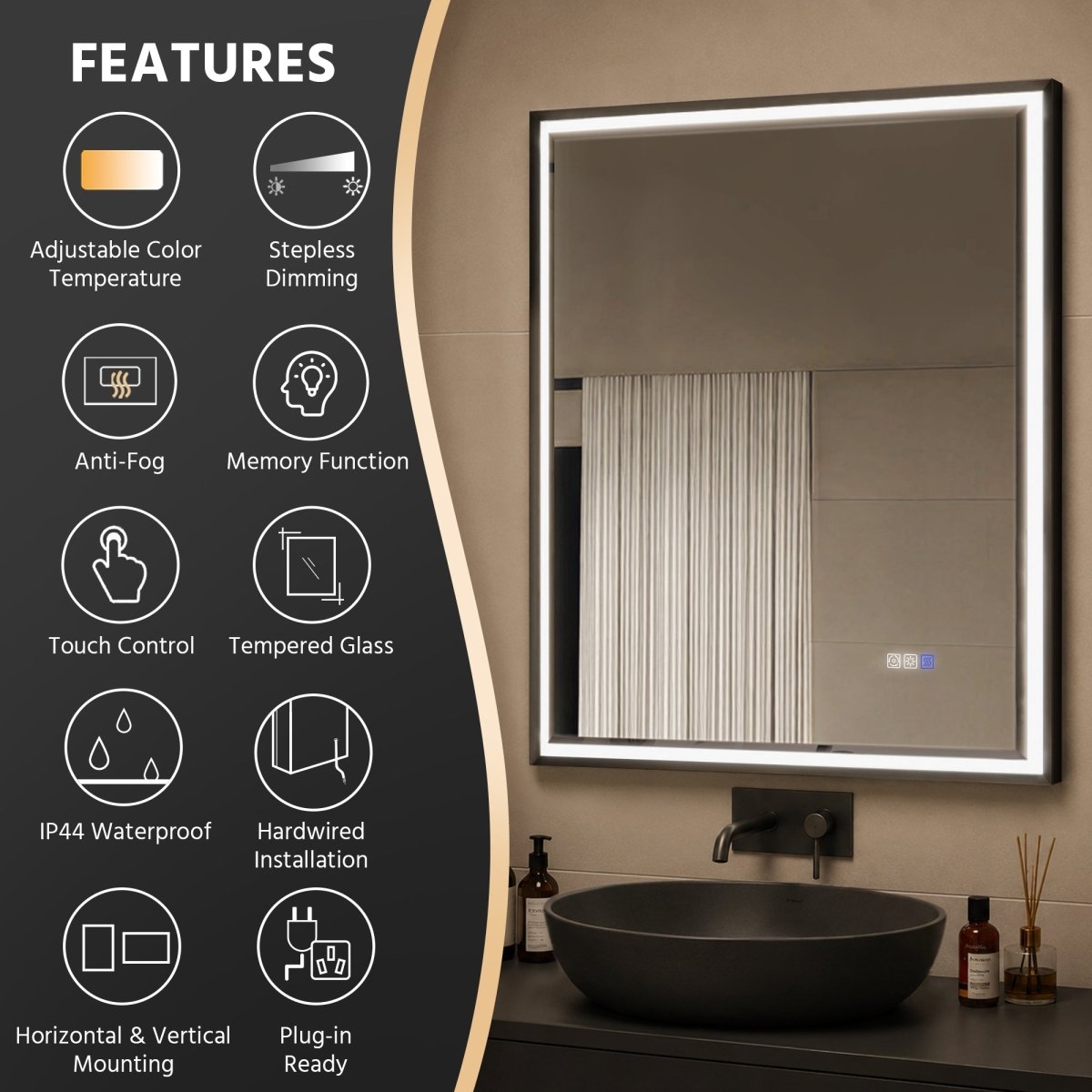 Verloar 30 Inch LED Mirror 30" W x 36" H Framed Lighted Bathroom Mirror, Dimmable, Anti Fog, Front-Lit Illumination, Matte Black