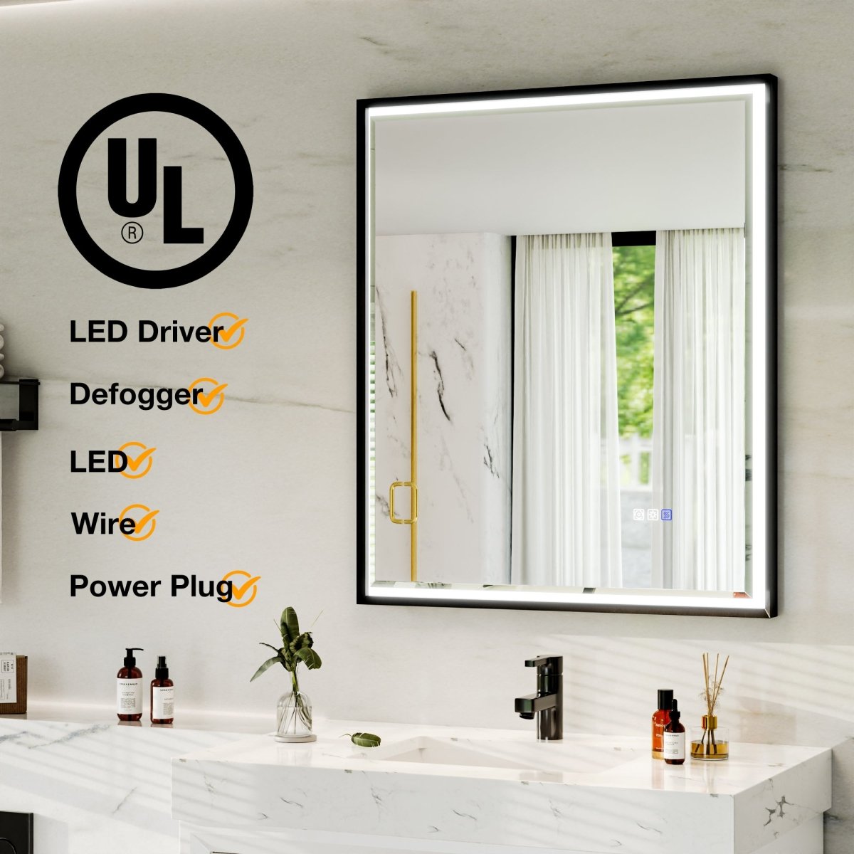 Verloar 30 Inch LED Mirror 30" W x 36" H Framed Lighted Bathroom Mirror, Dimmable, Anti Fog, Front-Lit Illumination, Matte Black