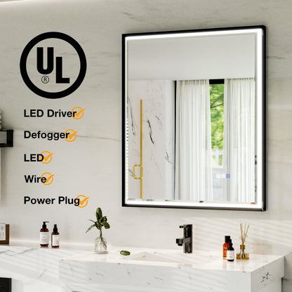 Verloar 30 Inch LED Mirror 30" W x 36" H Framed Lighted Bathroom Mirror, Dimmable, Anti Fog, Front-Lit Illumination, Matte Black