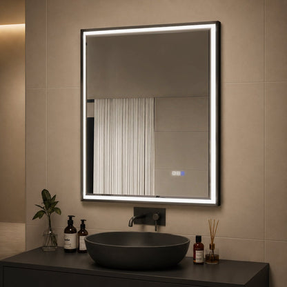 Verloar 30 Inch LED Mirror 30" W x 36" H Framed Lighted Bathroom Mirror, Dimmable, Anti Fog, Front-Lit Illumination, Matte Black