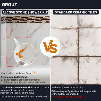 Verona Bathroom Tiles 32"x60"x96"Alcove Stone Shower Wall Kit for Bathroom Remodel,Height adjustable,Fast Installation,Waterproof,Champagne Gold
