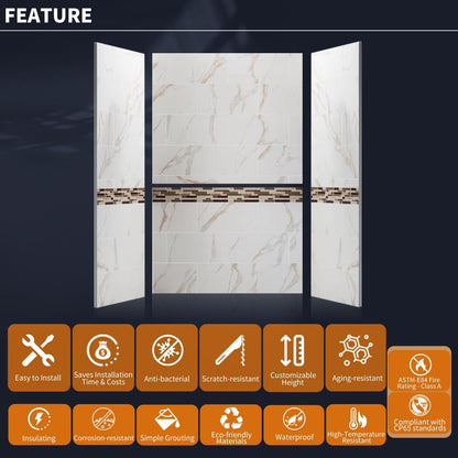 Verona Bathroom Tiles 36"x60"x96"Alcove Stone Shower Wall Kit for Bathroom Remodel,Height adjustable,Fast Installation,Waterproof,Champagne Gold