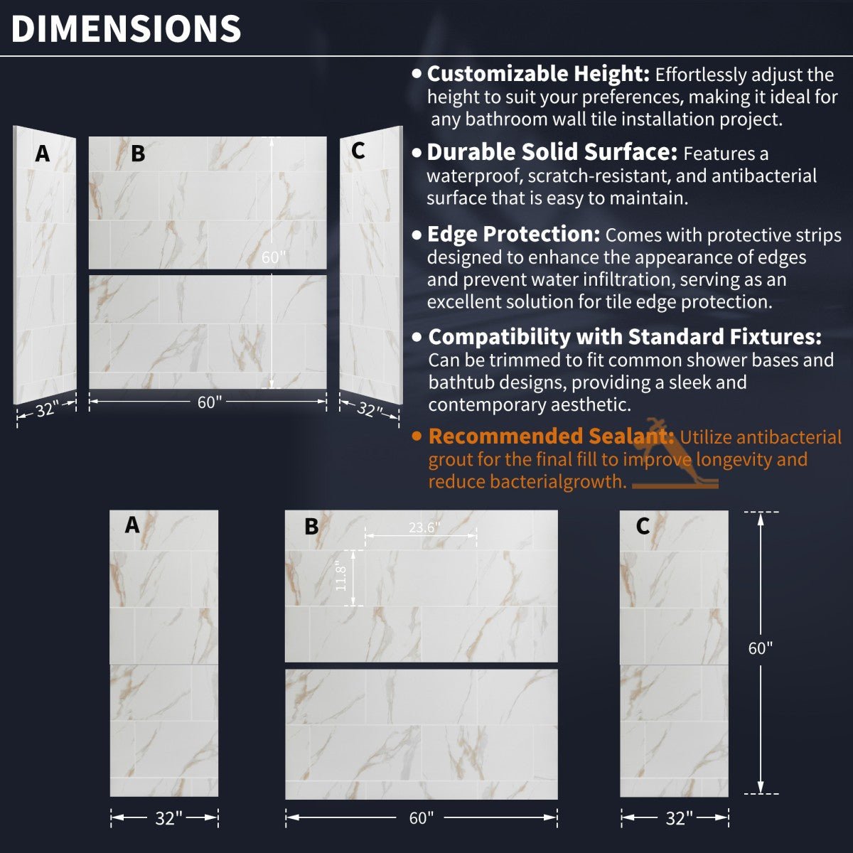 Verona - BT Bathroom Tiles 32"x60"x60" Bathtub Alcove Stone Shower Wall Kit for Bathroom Remodel,Height adjustable,Fast Installation,Waterproof,Champagne Gold