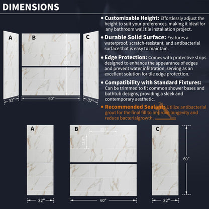 Verona - BT Bathroom Tiles 32"x60"x60" Bathtub Alcove Stone Shower Wall Kit for Bathroom Remodel,Height adjustable,Fast Installation,Waterproof,Champagne Gold