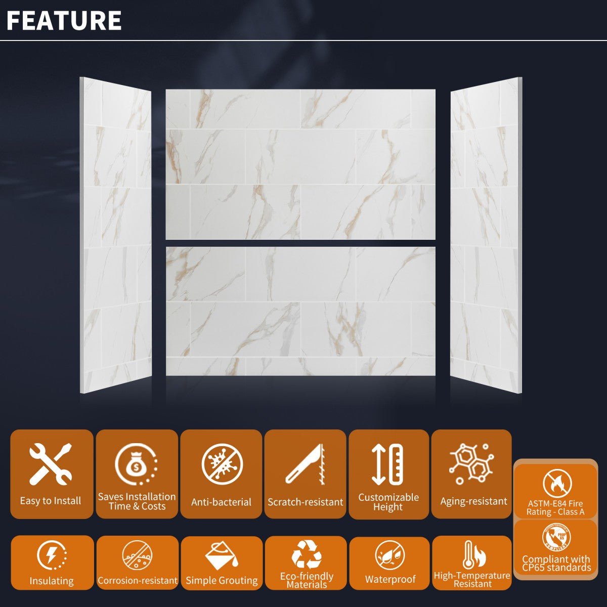 Verona - BT Bathroom Tiles 32"x60"x60" Bathtub Alcove Stone Shower Wall Kit for Bathroom Remodel,Height adjustable,Fast Installation,Waterproof,Champagne Gold