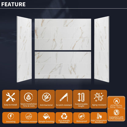 Verona - BT Bathroom Tiles 32"x60"x60" Bathtub Alcove Stone Shower Wall Kit for Bathroom Remodel,Height adjustable,Fast Installation,Waterproof,Champagne Gold
