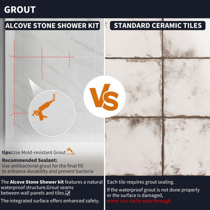 Verona - BT Bathroom Tiles 32"x60"x60" Bathtub Alcove Stone Shower Wall Kit for Bathroom Remodel,Height adjustable,Fast Installation,Waterproof,Silver White