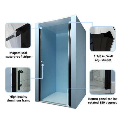 Classy 32-33 1/2" W x 72" H Pivot Shower Door Semi-Frameless Hinged in Matte Black Install Glass Shower Door