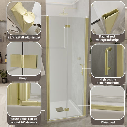 Adapt Bifold Frameless Glass Shower Door 32-33in.W x 72in.H Pivot Swing Custom Shower Doors with Clear Tempered Shower Glass Panel,Gold