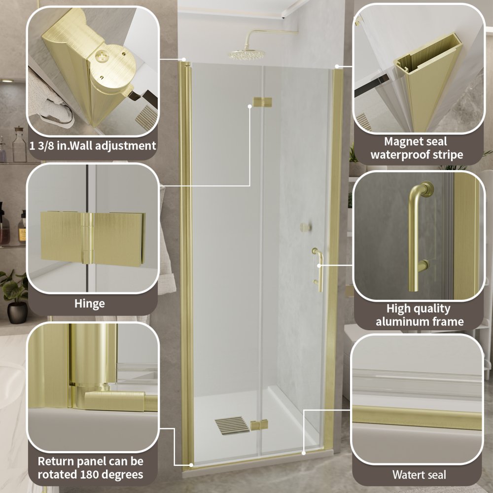Adapt Bifold Frameless Glass Shower Door 34-35in.W x 72in.H Pivot Swing Custom Shower Doors with Clear Tempered Shower Glass Panel,Gold