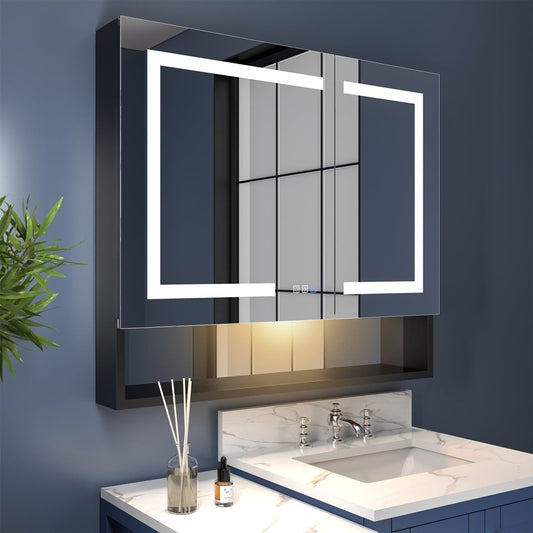 Ample 36" W x 32" H LED Lighted Mirror Black Medicine Cabinet with Shelves for Bathroom Recessed or Surface Mount