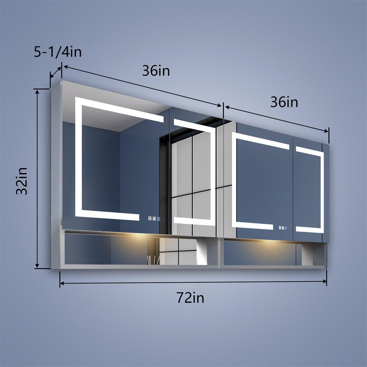 Ample 72" W x 32" H LED Lighted Mirror Chrome Medicine Cabinet with Shelves for Bathroom Recessed or Surface Mount