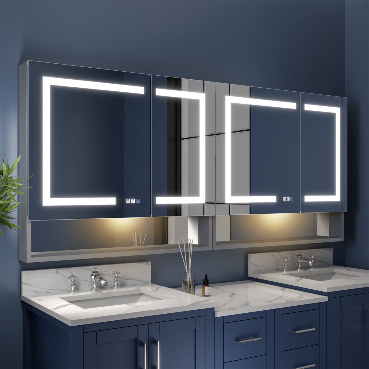 Ample 72" W x 32" H LED Lighted Mirror Chrome Medicine Cabinet with Shelves for Bathroom Recessed or Surface Mount
